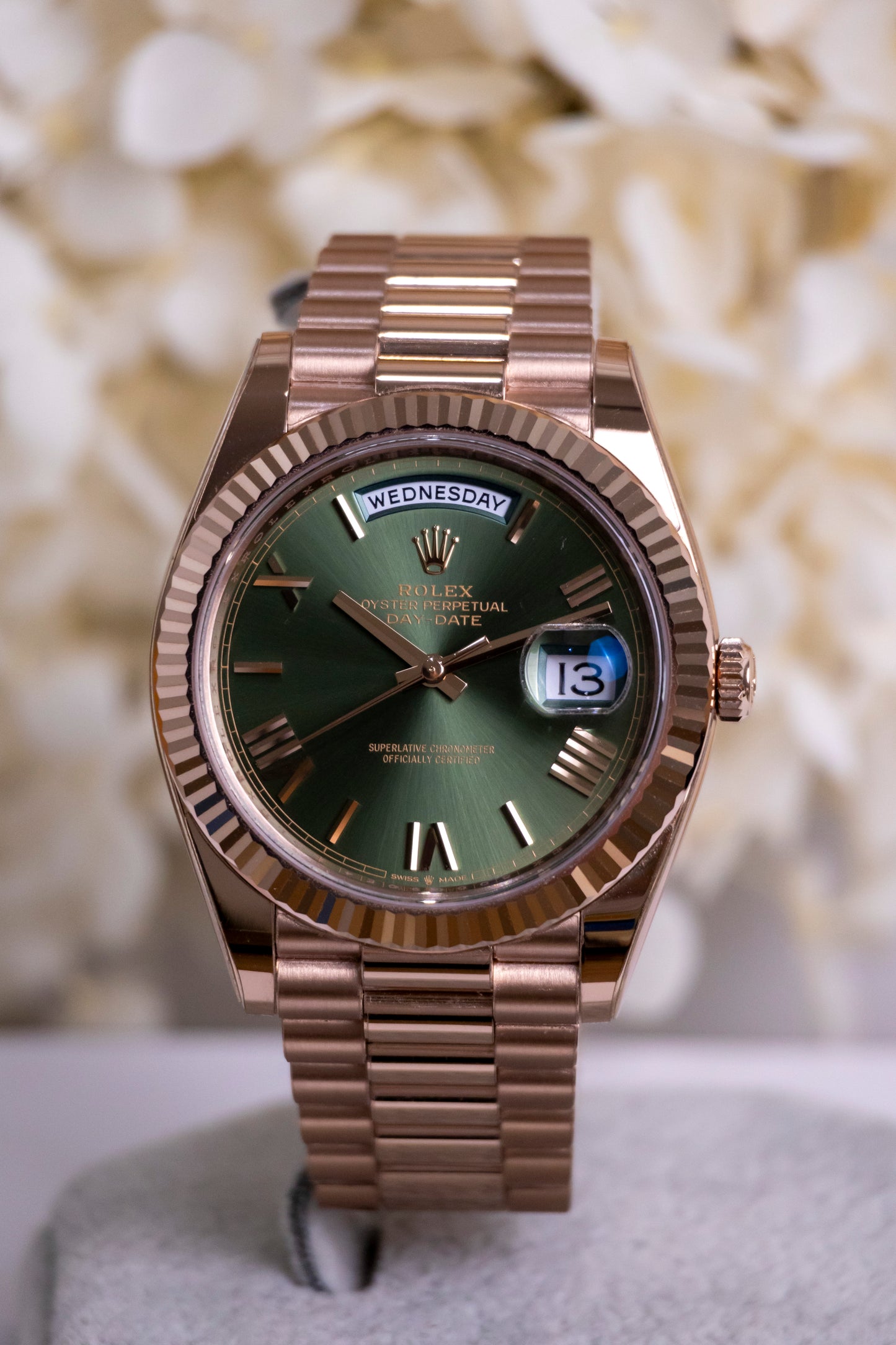 2024 Rolex Day Date 40mm Everose Gold Olive dial Reference 228235