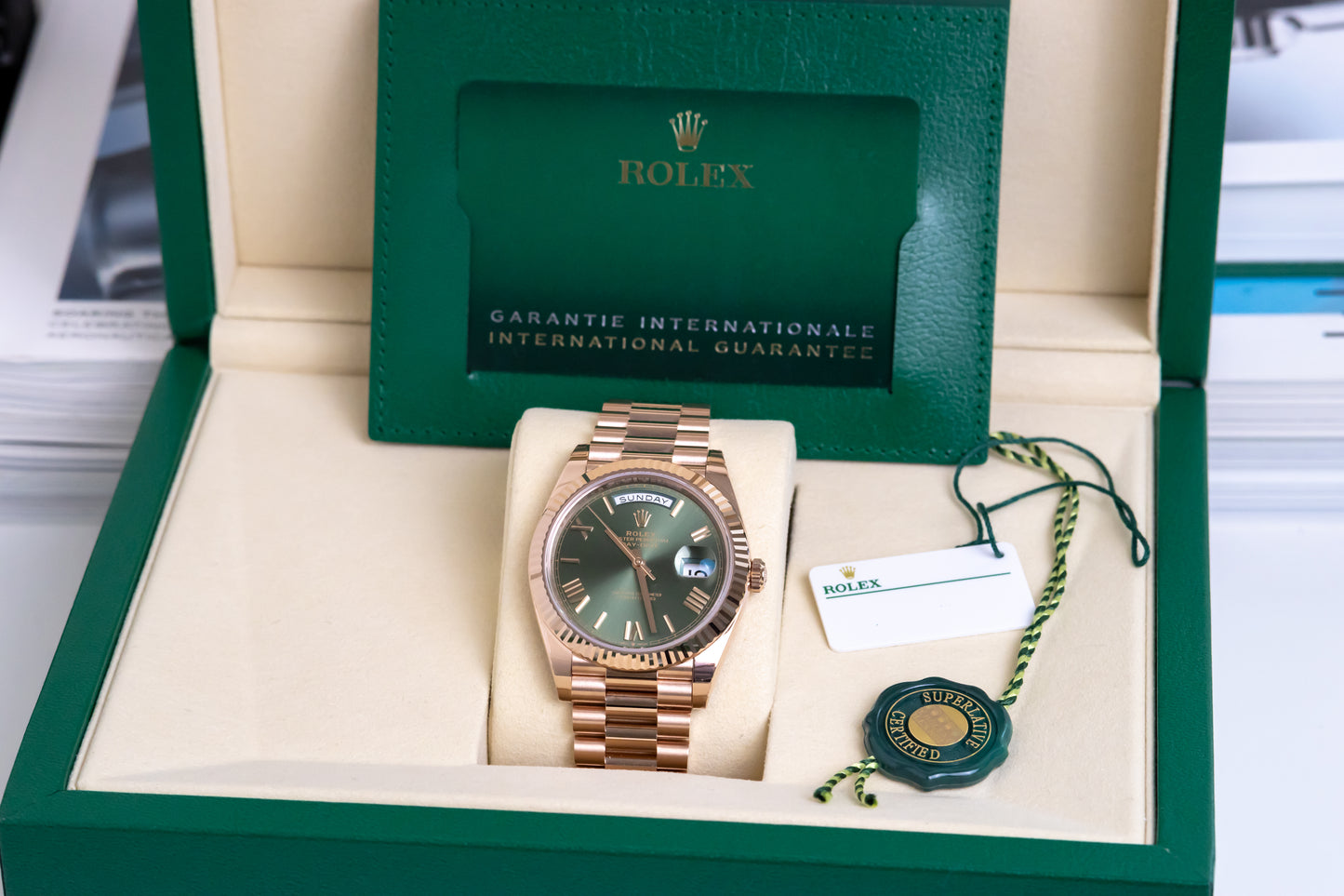Rolex Day Date 40mm Rose Gold Olive Reference 228235