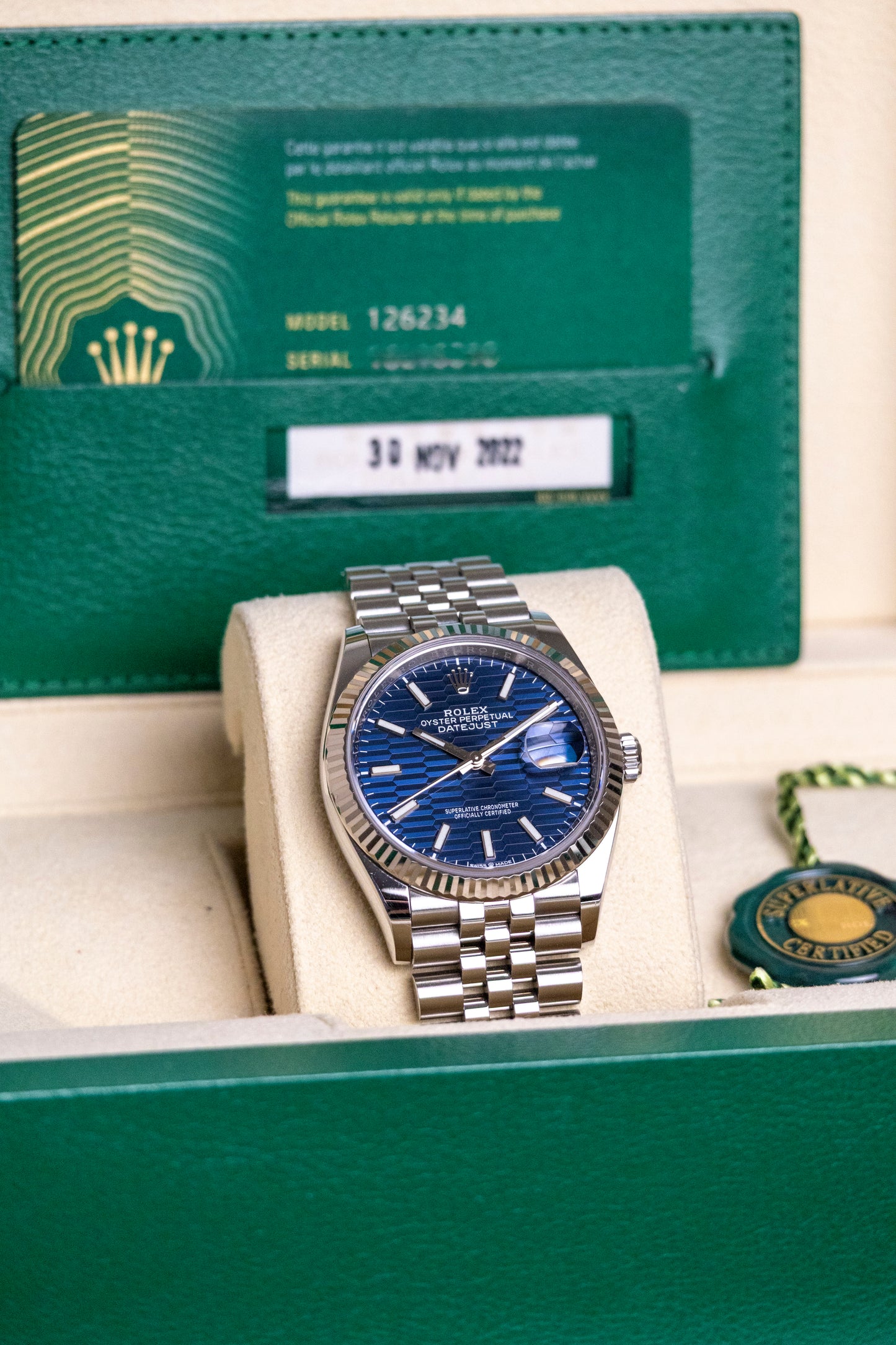 2022 Rolex Datejust 36mm Discontinued Motif Blue dial Fluted Jubilee Reference 126234