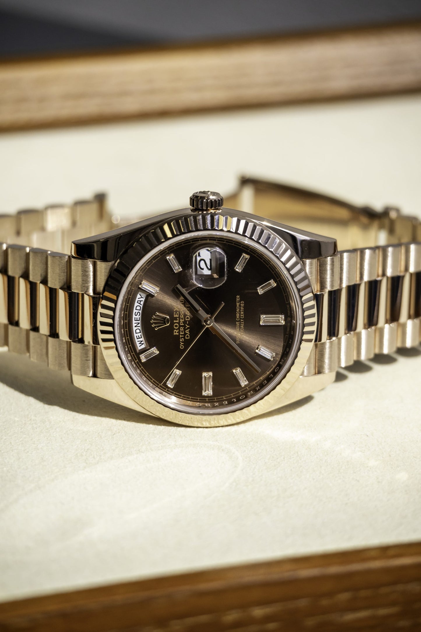 2021 Rolex Day Date 40mm Rose Gold Chocolate dial Baguette Reference 228235