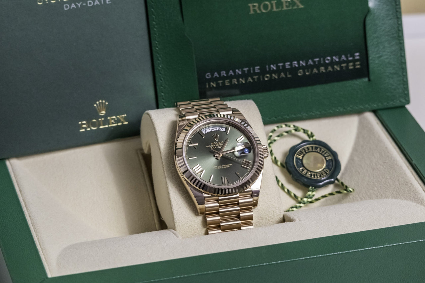Rolex Day Date 40mm Rose Gold Olive Dial Reference 228235