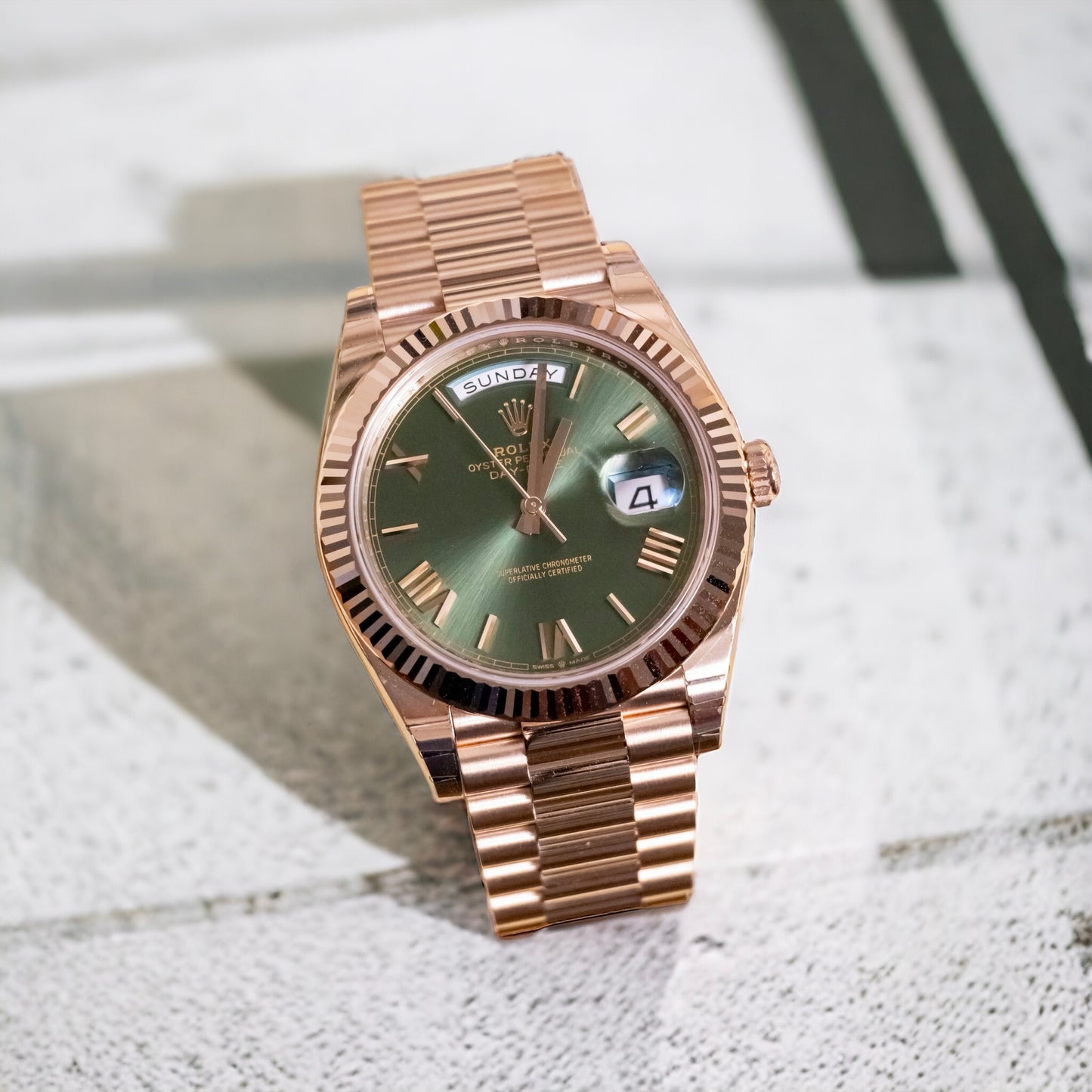 Rolex Day Date 40mm Rose Gold Olive Dial Reference 228235