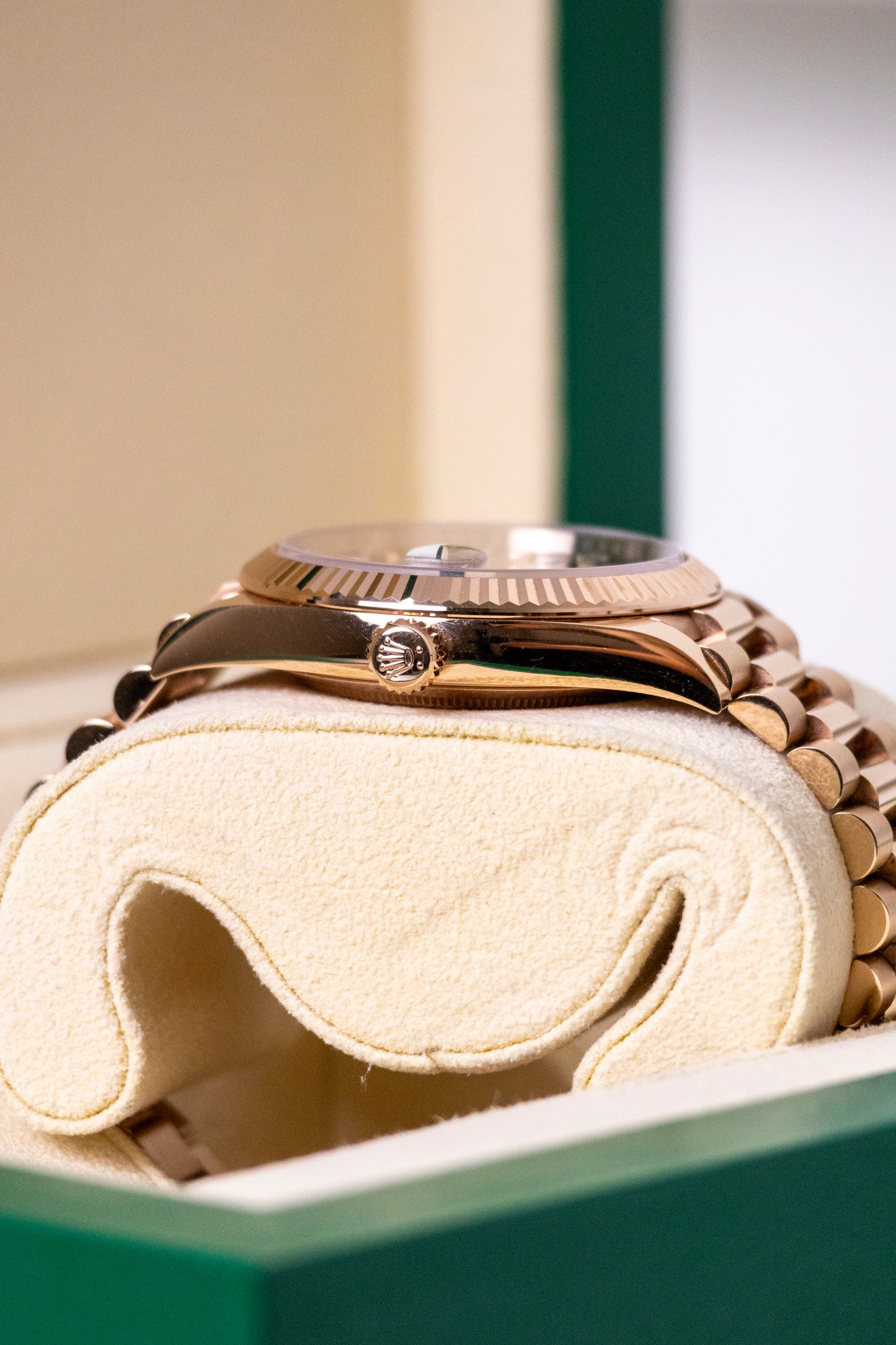 Rolex Day-Date 40mm Rose Gold Chocolate Baguette Diamond Reference 228235