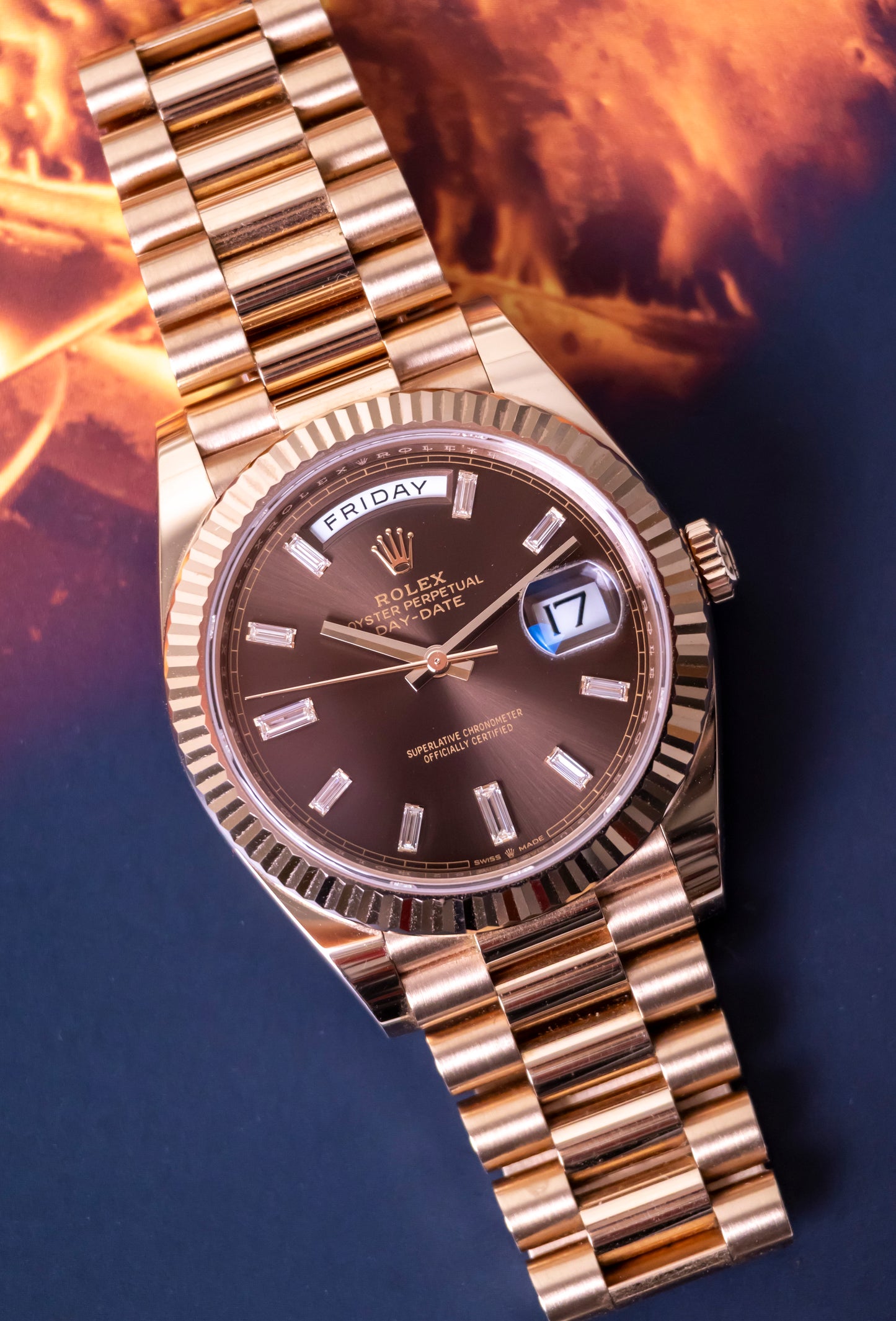 Rolex Day-Date 40mm Rose Gold Chocolate Baguette Diamond Reference 228235